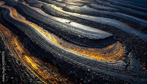 natural abstract texture of wet sand waves with golden sunlight reflection, close-up pattern