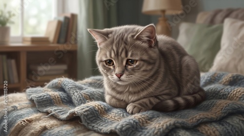Cute cat on cozy home bed.