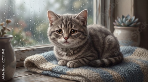 Cute gray cat on a blanket.