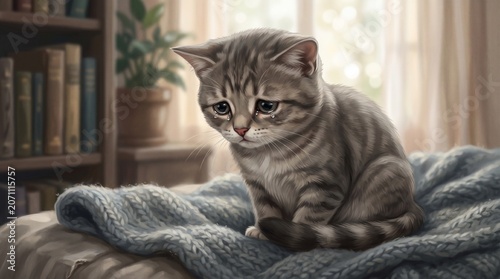 Cute gray cat sitting on blanket.