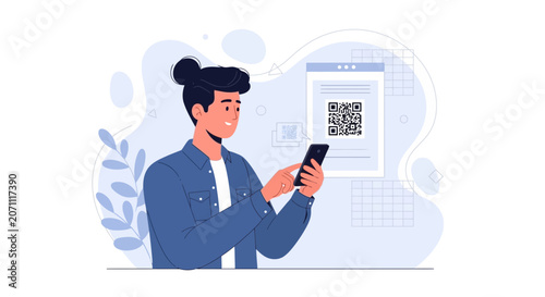 Man Scanning QR Code on Smartphone with Digital Interface and Abstract Shapes, Flat Design Illustration