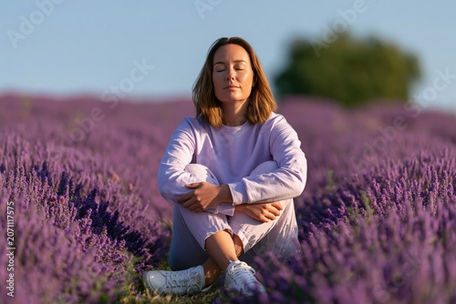 Woman in a lavender field practicing meditation for serenity and peaceful nature