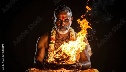 Hindu Priest Performing Sacred Fire Ritual Agni Hotra.