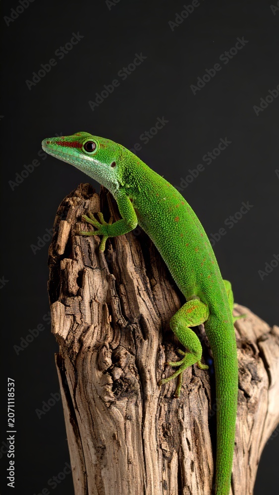 Fototapeta premium Vibrant Green Anole Lizard Perched on a Textured Branch Against a Black Backdrop