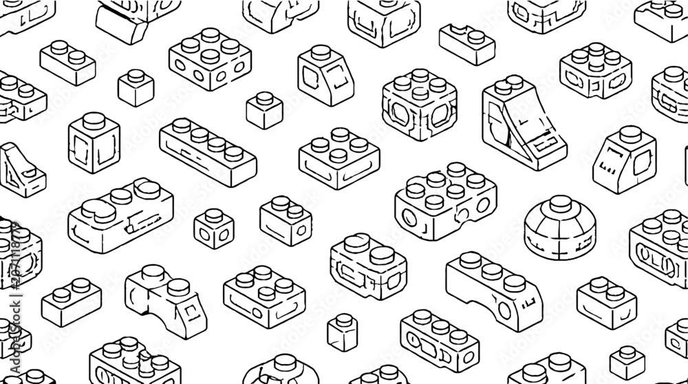 Naklejka premium Assorted Lego bricks in black and white line art style.