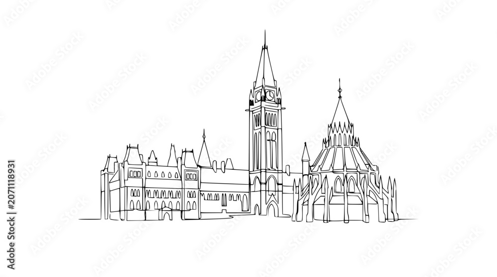 Fototapeta premium Parliament Buildings Sketch - Ottawa, Canada - Line Art Illustration