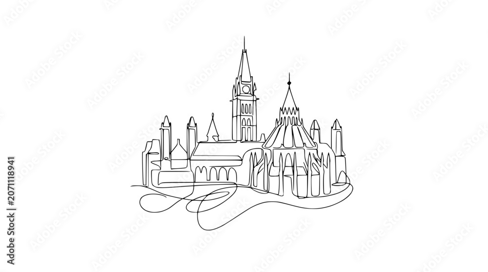 Fototapeta premium Parliament Hill Building Continuous Line Art Drawing, Ottawa Canada Landmark