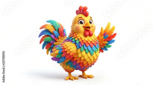 Colorful 3D Cartoon Chicken Waving on White Background