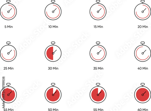 Set of stopwatch icons showing time intervals from 5 to 60 minutes timer clock