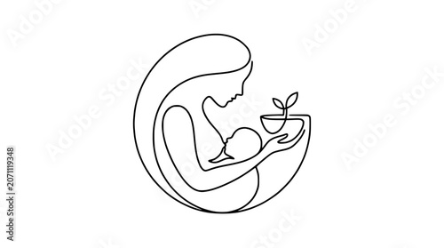 фотографія Mother breastfeeding baby, nurturing growth, single line art logo, family, love,