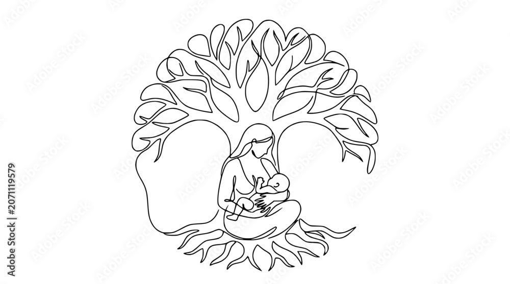Fototapeta premium Continuous line drawing of mother breastfeeding baby under tree of life, symbol of nurturing and family.