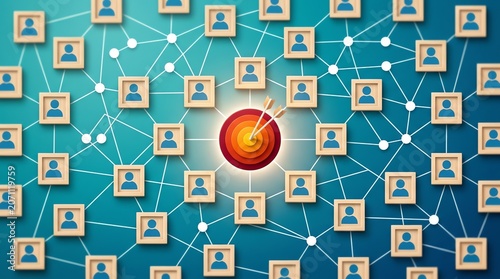 Network of interconnected user icons surrounding a central target bullseye representing digital marketing strategy and audience reach