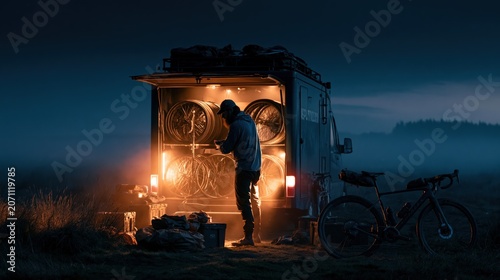 Support Crew Loading Spare Wheels at Dawn