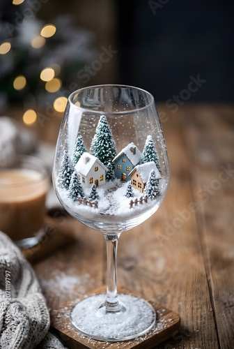 Miniature Winter Village Inside Wine Glass with Cozy Holiday Bokeh Lights
