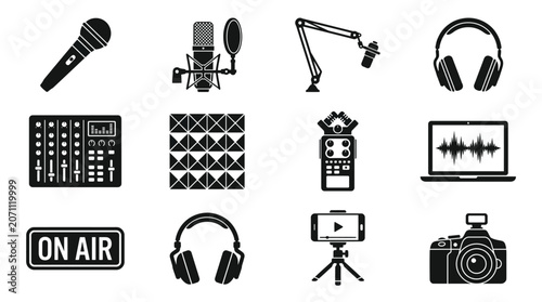 Slika na platnu Podcasting and Media Production Icon Set Vector Collection
