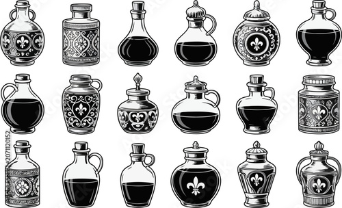 Vintage ornate bottles and jars with dark liquid on white background antique