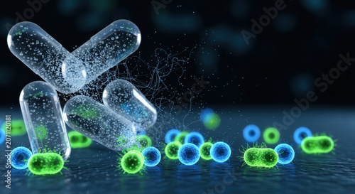 Transparent capsules releasing powder fight antimicrobial resistance with green and blue bacteria on dark background showing medical concept