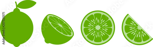 Whole lime half slice and wedge with leaf on white background lime, citrus, fruit