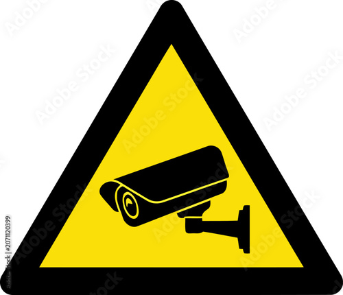 Yellow Warning Triangle Sign With Black Security Camera Icon cctv surveillance