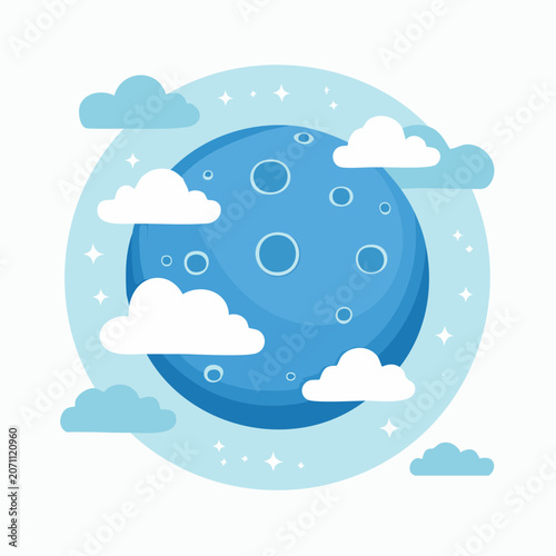 Flat design illustration of a blue moon with clouds and stars