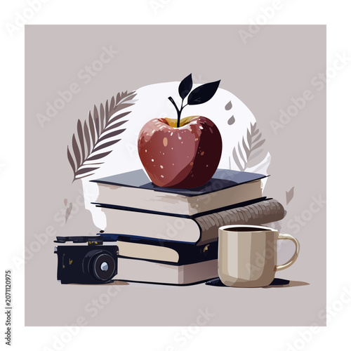 Flat design illustration of apple on books with camera and coffee