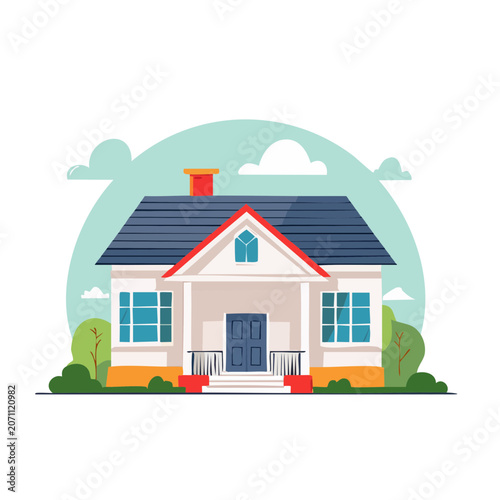 Flat design illustration of a suburban house with trees and clouds