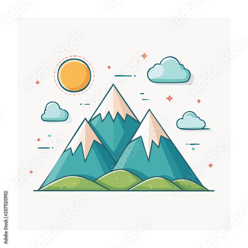 Flat design illustration of mountains with sun and clouds