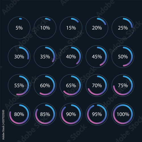Set of colourful gradient infographic pie charts, segment of circle icons 0% - 100%, simple flat design loading data interface elements app button ui ux web, vector isolated on dark background