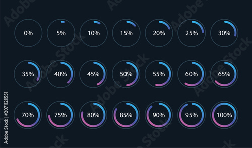 Set of gradient infographic percentage piecharts / segment of hole circle icons 0% - 100%, simple flat design loading data interface elements app button ui ux web, vector isolated on dark background	