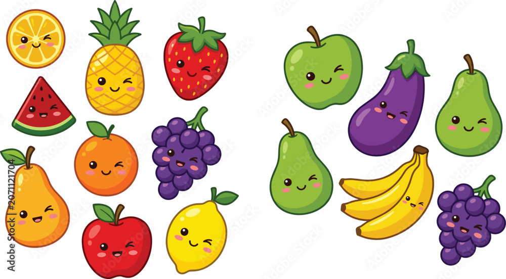 Fototapeta premium Cute Kawaii Fruit and Vegetable Characters – Funny Face Cartoon Flat Vector Illustration Set