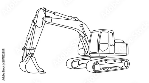 Excavator line art, construction vehicle outline, heavy machinery drawing