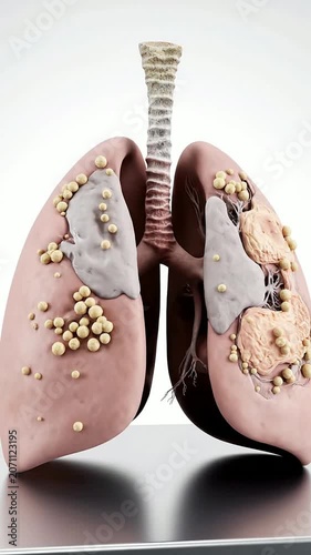 Realistic 3D Visualization Of Human Lungs Affected By Tuberculosis For Medical Education And Research Against Plain Studio Background
