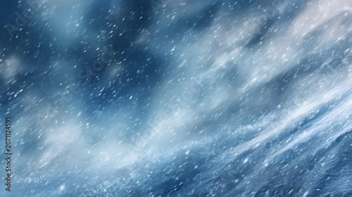 Winter background with falling snow and a blizzard over frozen natural textures, blue tones.