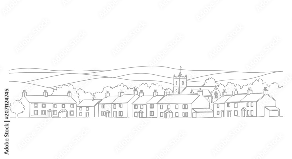 Fototapeta premium Linear Village Landscape with Church and Hills
