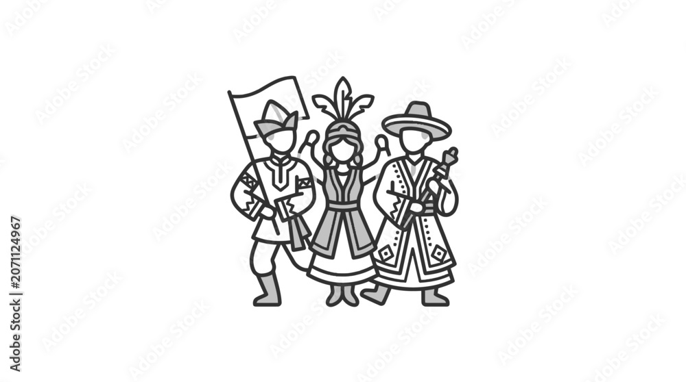 Fototapeta premium Group of people in traditional Slavic folk attire line art.