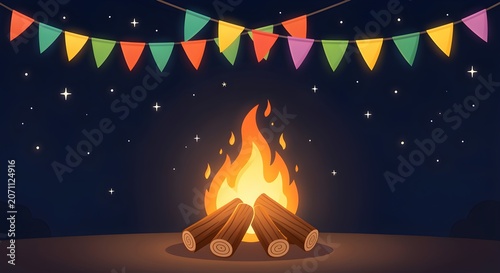 Festive Festa Junina Bonfire and Colorful Flags Flat Illustration
