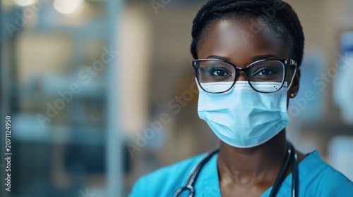 A Black woman wearing a blue scrubs shirt and a white face mask is looking directly at the camera. She is wearing glasses and a stethoscope around her neck.