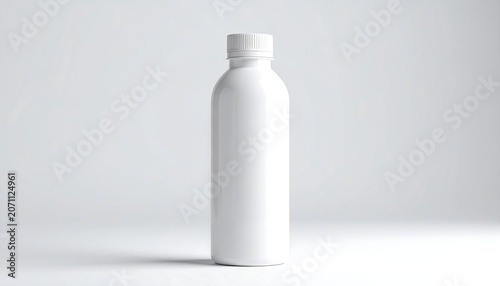 A tall, white cylindrical bottle stands against a plain white background, its cap tightly sealed. Soft lighting illuminates the smooth, glossy surface