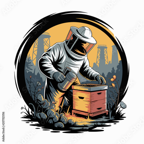 Photos Beekeeper tending to hive in industrial setting.