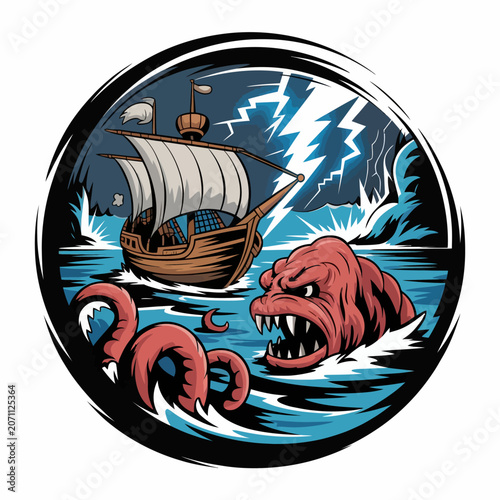 Photos Sailing Ship Battling Giant Sea Monster.