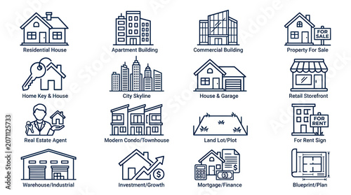 Fotografie Real Estate Icons: Houses, Buildings, Keys, Agents, Finance, Plan