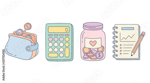 Εκτύπωση καμβά A person uses a calculator and notebook to manage money saved in a jar and wallet