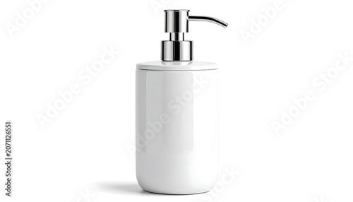 A tall, white cylindrical container features a chrome dispenser head. Its smooth surface suggests a modern, minimalist design. A slight shadow indicates it's on a plain white backdrop