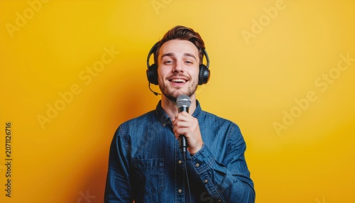 Enthusiastic young man singing with microphone against vibrant yellow backdrop showcasing joyful expression