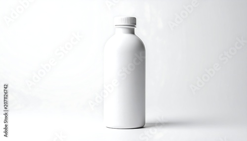 A tall, white, cylindrical bottle with a white screw-top cap stands against a bright white background. It's lit evenly