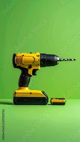 Yellow Cordless Power Drill with Battery on Green Background.