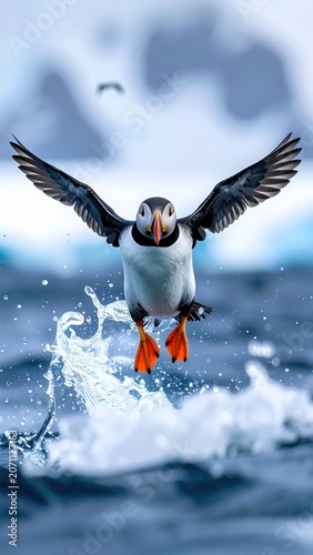 Atlantic Puffin in Flight Over Water with Splash.