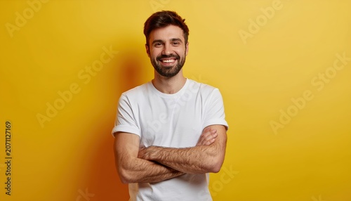 Confident bearded man in white t-shirt smiling with crossed arms on vibrant yellow backdrop