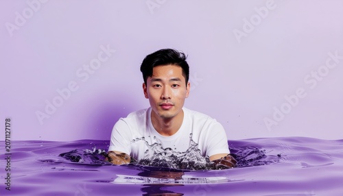 Surreal Portrait of an Asian Man Submerged in a Purple Liquid Realm