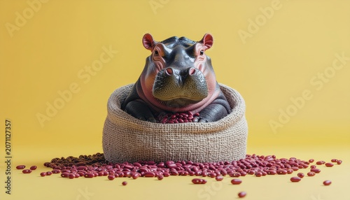 An unusual hippopotamus portrait nestled in a burlap sack brimming with beans, isolated on a yellow background, offering a playful visual narrative